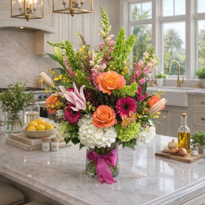 Mixed bouquet of orange roses, pink lilies, and white hydrangeas in a glass vase