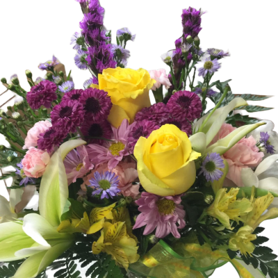 Bouquet of yellow roses, white calla lilies, and purple flowers