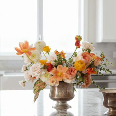 Low centerpiece of peach, yellow, and white flowers in a silver compote vase on a kitchen counter