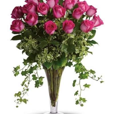 Pink roses in a tall clear vase with trailing ivy