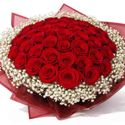 Large bouquet of red roses with white baby's breath