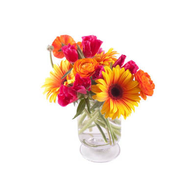 Bright mixed bouquet in a clear glass vase