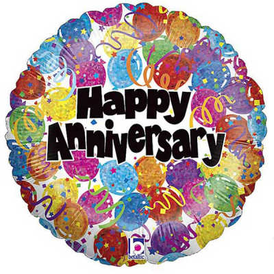 Round balloon with "Happy Anniversary" text and colorful confetti balloons