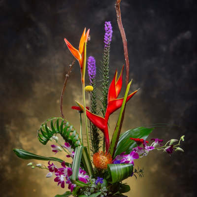 Tropical floral arrangement with red heliconia and purple orchids in a black container