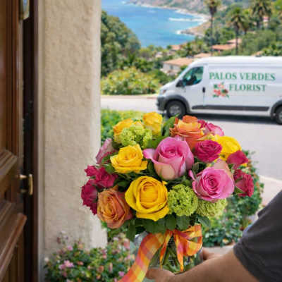 Bouquet of multicolored roses with a plaid ribbon