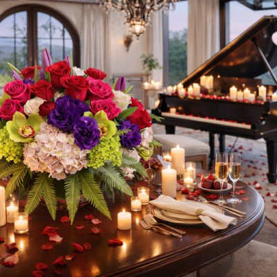 Large mixed flower centerpiece on a candlelit dining table with a grand piano in the background