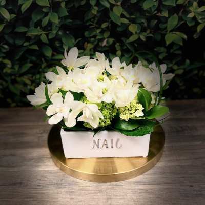Classy Orchids in White on a Soft Bed of Hydrangeas