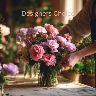 Pink and lavender flowers arranged in a glass vase