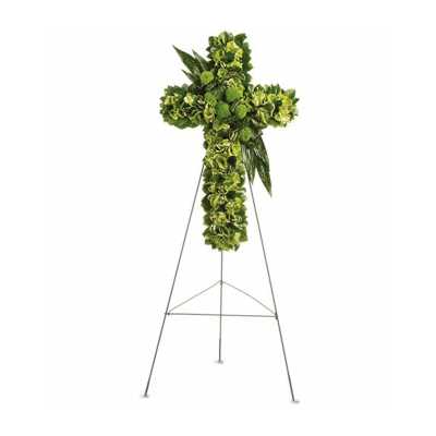 Green floral cross on a metal easel stand