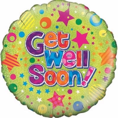 Round green balloon with colorful stars and the words Get Well Soon!
