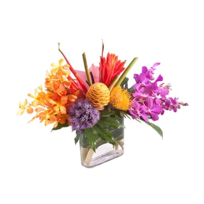 Colorful tropical flower arrangement in a clear rectangular vase