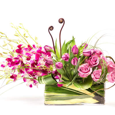Pink roses and orchids in a rectangular glass vase
