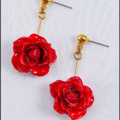 Preserved Red Rose Dangle Earrings