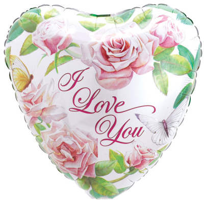 Heart-shaped balloon with pink roses and the words I Love You