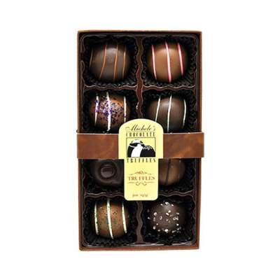 Box of assorted chocolate truffles in a divided gift box