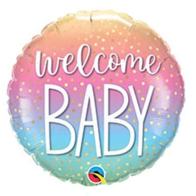 Round pastel balloon reading "welcome BABY"
