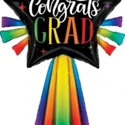 Black star-shaped graduation balloon with rainbow accents and tassel