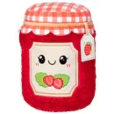 Red plush jar-shaped character with a gingham lid and strawberry tag