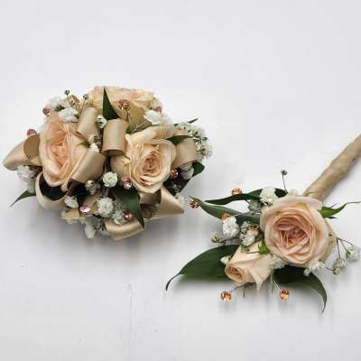 Peaches and Cream Boutonniere And Wristlet Set