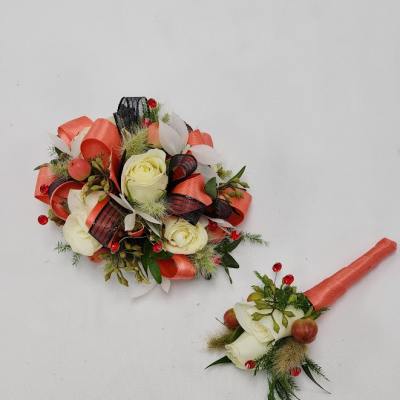 Coral Romance Boutonniere and Wristlet Set
