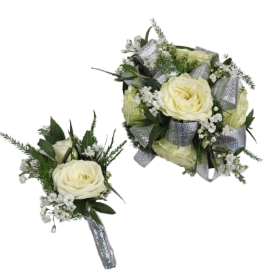 White Spray Rose Wristlet & Boutonniere Set