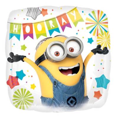 Minion-themed party balloon with "Hooray" text