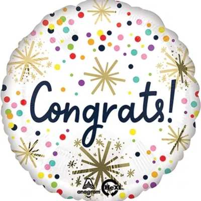 Round white balloon with colorful confetti and "Congrats!" text