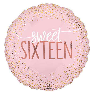 Pink foil balloon with "sweet sixteen" text and confetti dots