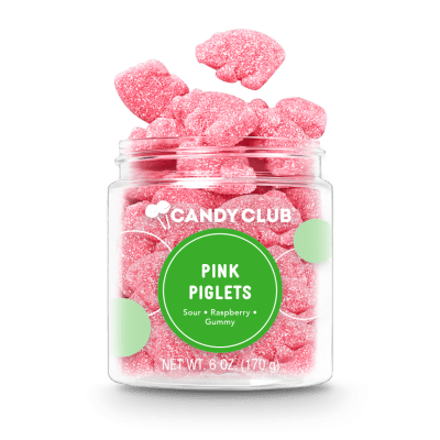 Jar of pink gummy candies with a green label
