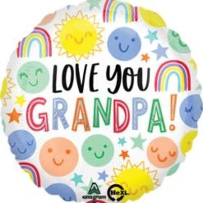 Heart-shaped balloon with "Love You Grandpa" and colorful smiley faces