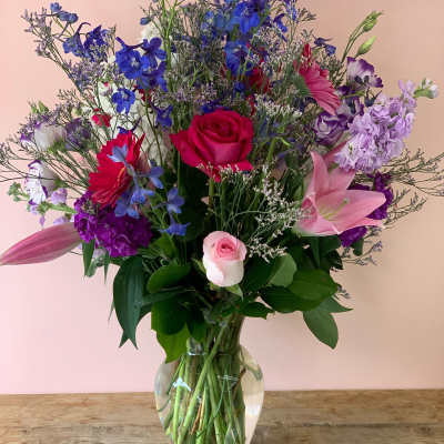 Blue & Pink Copper Flower Arrangement | Maximalist Show-Stopper Flower Delivery in San Francisco