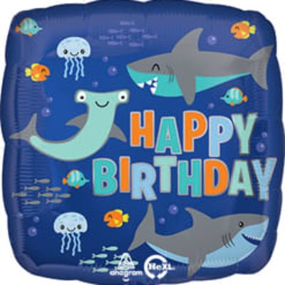 Blue birthday balloon with sharks and sea creatures