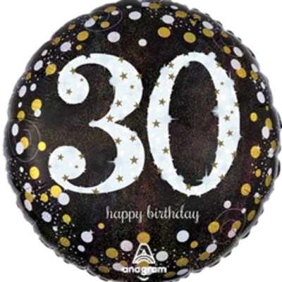 Black birthday balloon with "30" and confetti dots