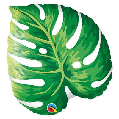 Green tropical leaf-shaped foil balloon with white cutout details