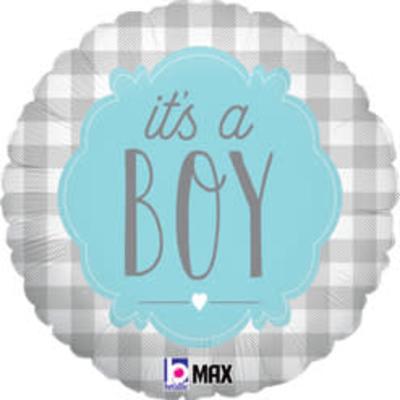 Round balloon with gray plaid pattern and "it's a BOY" text