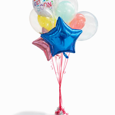 Cluster of balloons with a "Get Well Soon" balloon and star balloons
