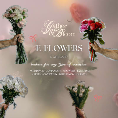 Promotional e-gift card graphic with bouquets of flowers and text.