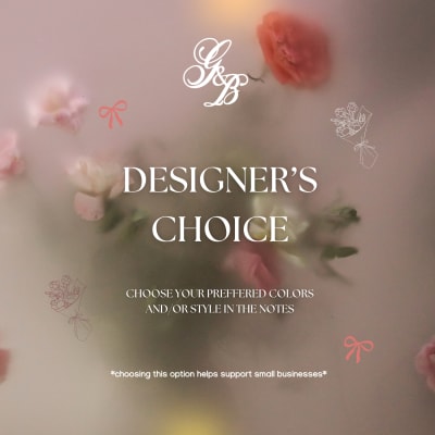 Blurred pink floral arrangement with designer's choice text overlay