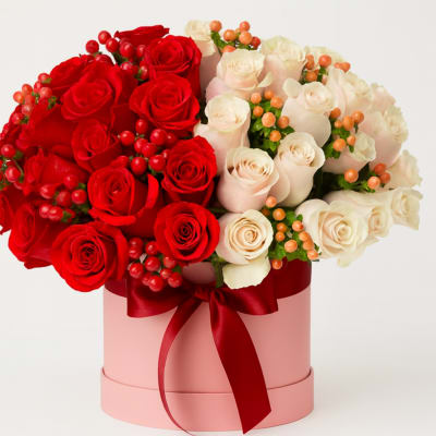 Red and white roses arranged in a pink hat box with a red ribbon.
