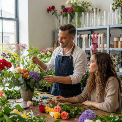 Florists arranging a colorful bouquet with roses and lilies in a workshop