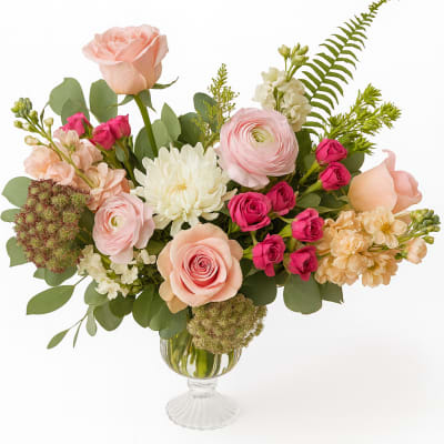 Mixed pink and white flowers arranged in a glass vase