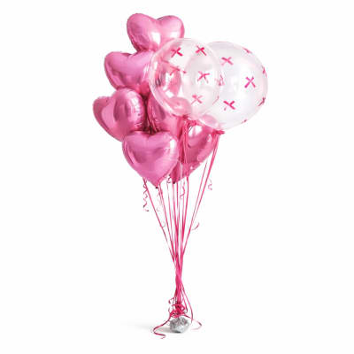 Cluster of pink heart balloons and clear balloons with pink bows