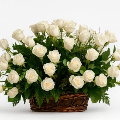 Basket of white roses arranged in a low, wide design