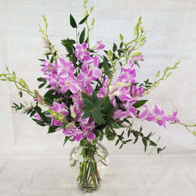Pink and white orchids arranged in a clear glass vase.