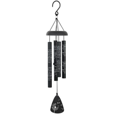 Black wind chime with hanging metal tubes and a clapper