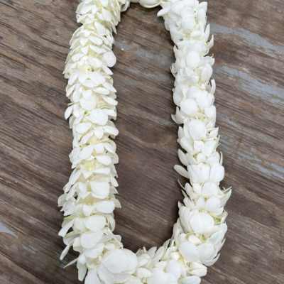 White flower lei on a wooden surface