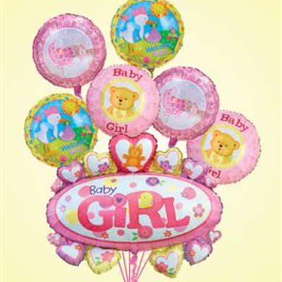 Bouquet of pink and white 'Baby Girl' themed foil balloons with teddy bears and storks