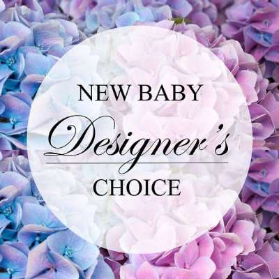 Pastel hydrangea blooms with a "New Baby Designer's Choice" label