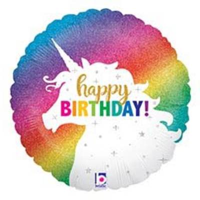 Rainbow birthday balloon with "happy BIRTHDAY!" text