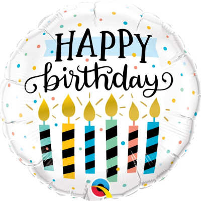 Round birthday balloon with candles and confetti dots